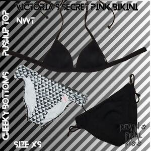 Victoria's Secret PINK Pushup Top Black White Geometric Ruched Cheeky Bikini XS